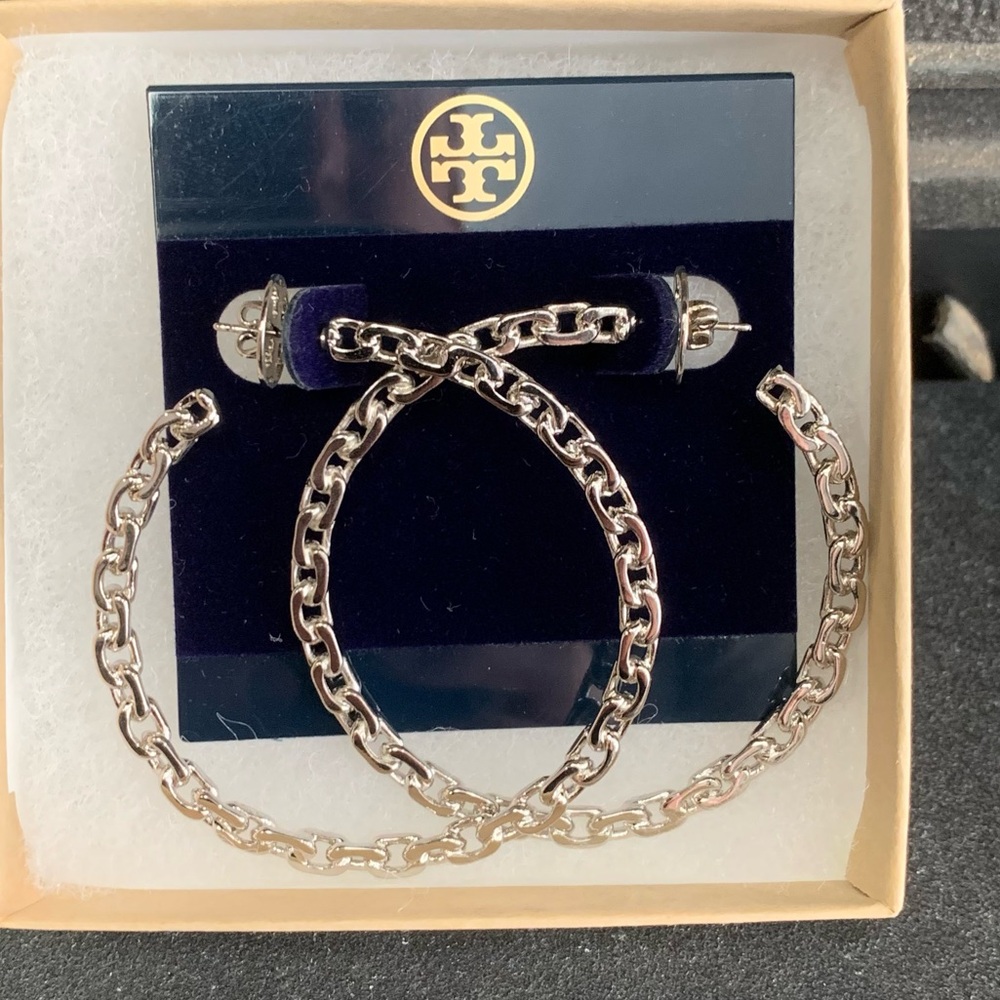 Tory Burch TB Dangle Hoop Earrings Silver Colored Bohemian Retro Brand New